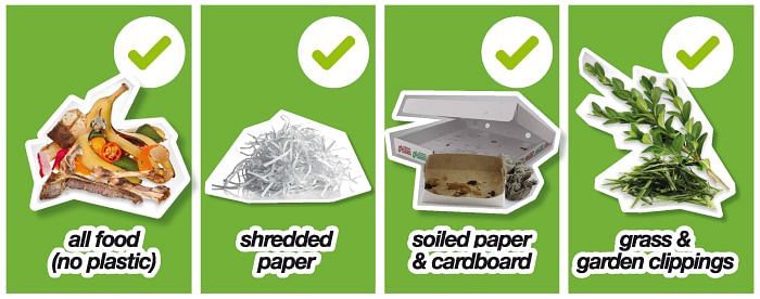 Yes to all food, shredded paper, soiled paper and cardboard, grass and grass clippings