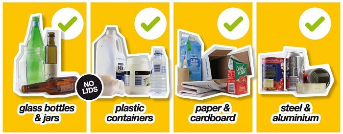 Yes to recycle glass bottles & jars, plastic containers, paper and cardboard, steel and aluminium