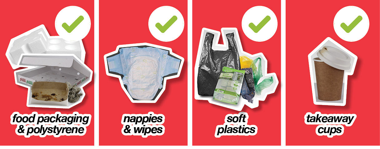 Yes to food packaging and polystyrene, nappies and wipes, soft plastics, takeaway cups